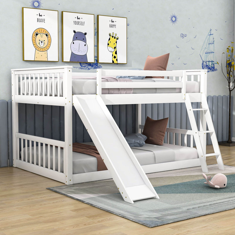 Full Over Full Bunk Bed with Slide and Ladder, White