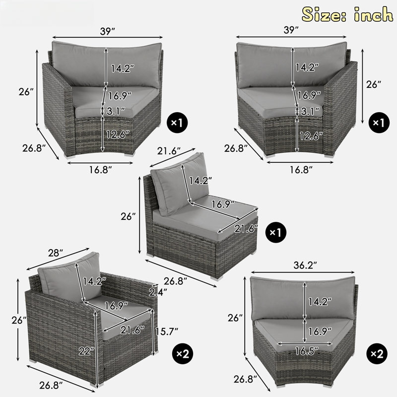 9-piece Outdoor Half-moon Wicker Conversation Sets With 1 Nesting Coffee Table And Tempered Glass Top
