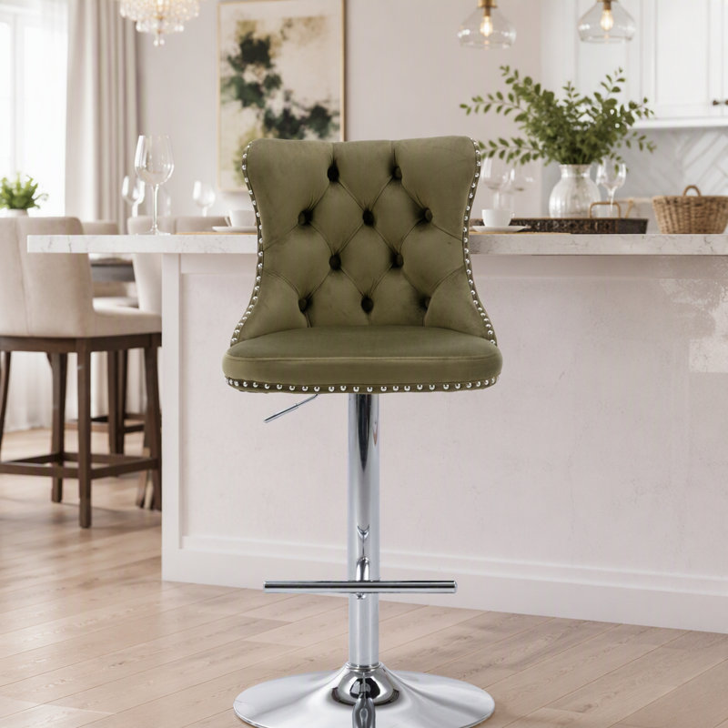 Tabourets de bar pivotants en velours à hauteur réglable de 25 à 33 pouces, tabourets de bar modernes à base chromée avec dossier capitonné et confortable pour un pub à la maison et un îlot de cuisine, vert olive, ensemble de 2,1712OL