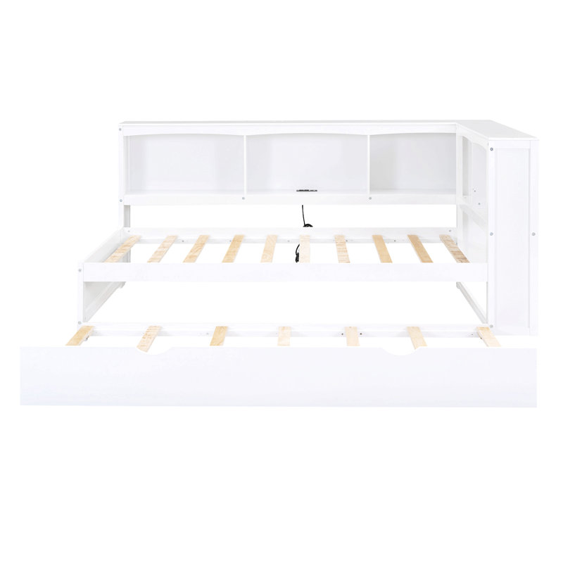 Lit de jour simple avec lit gigogne, armoires de rangement et ports USB, Blanc