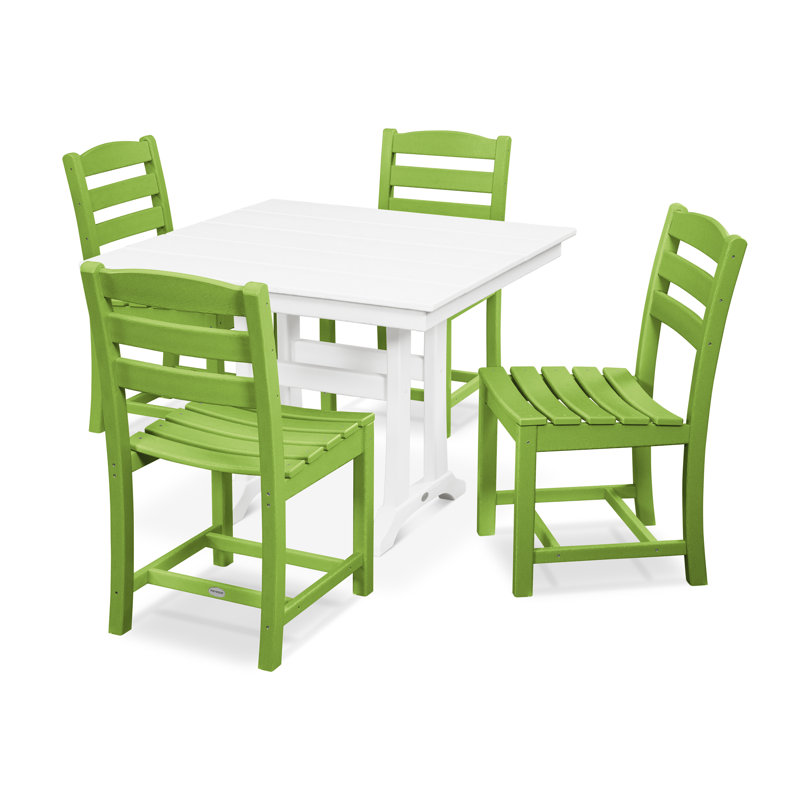 POLYWOOD La Casa Café 5-Piece Farmhouse Trestle Side Chair Dining Set, Lime/White