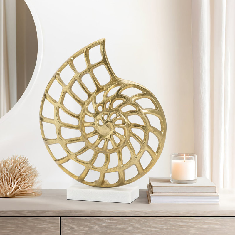 14" Aluminum Nautilus Shell Centerpiece Gold Sculpture on Marble Base