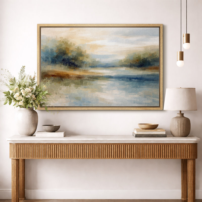 Soft Blue Green Lake Landscape Artwork, Modern Bedroom Pictures, Framed Canvas Giclee Print Wall Art, 24" H x 36" W x 1.5" D