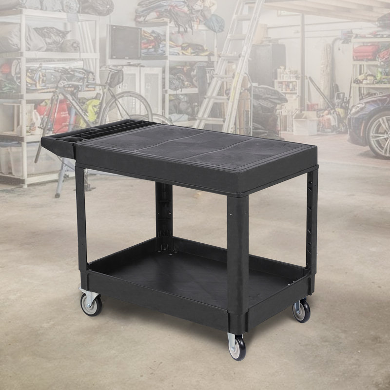 Chariot utilitaire en plastique à 2 étagères, chariot de service roulant avec compartiments latéraux pour outils, chariot de travail mobile robuste avec roues pour entrepôt, garage, bureau et usage commercial