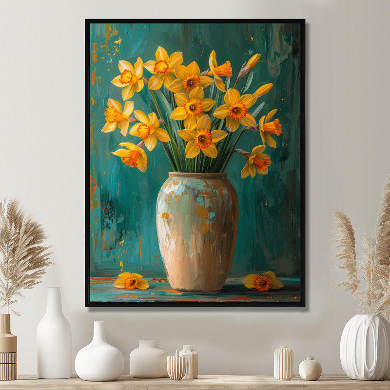 Bloom, orange, nature morte, jonquilles III - jonquilles, art mural, H 30 po x l 40 po, Cadre flottant noir