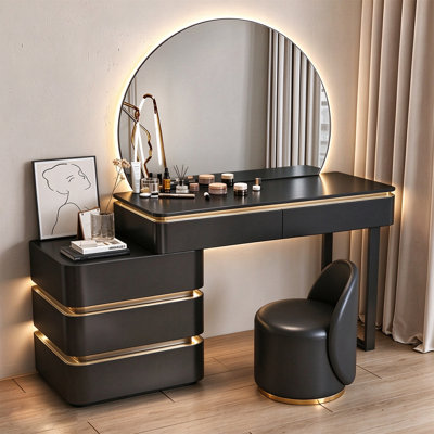 27.56"Modern minimalist black dressing table with a large round mirror