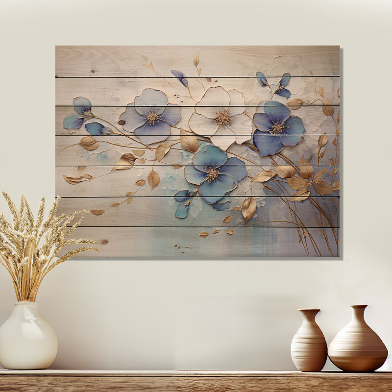 «Blue and Gold Exquisit Violets - Violets», art mural sur bois de pin naturel, H 24 po x l 32 po