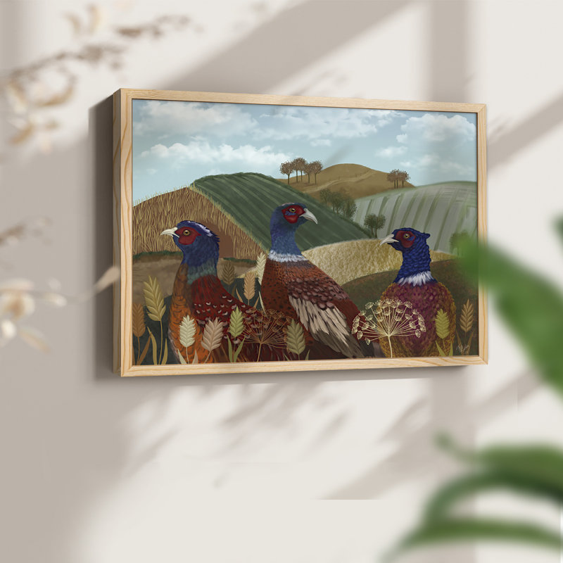 Trio de faisans dans un champ - Reproduction encadrée - Restickable, Naturel, H 11 po x l 14 po