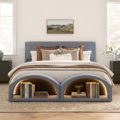 Falkner Modern Pet-Friendly Scratch-Resistant Fabric Upholstered Platform Bed Frame with Dual Cat Caves, LED Lighted Pet Nests at Footboard, Wood Slat Support, No Box Spring Needed