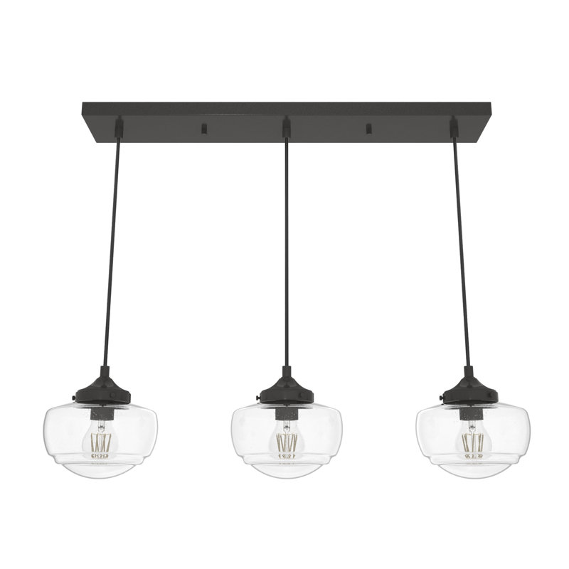 Saddle Creek 3 Light Linear Schoolhouse Cluster Pendant, Clear Seeded, Noble Bronze