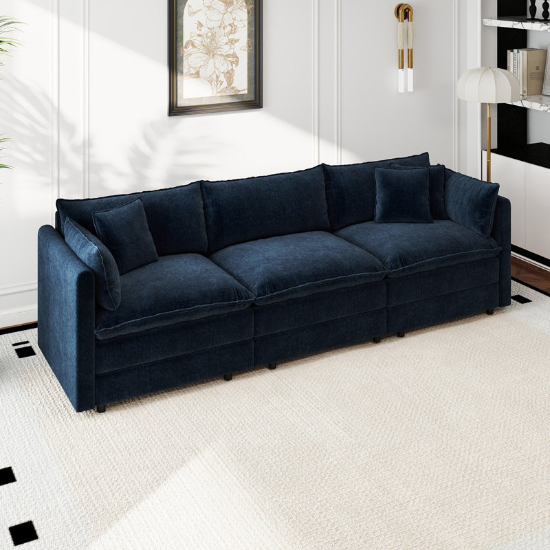 Modern Chenille Sofa Upholstered Couch, 33.85" H x 112.20" W x 35.82" D, 3, Blue