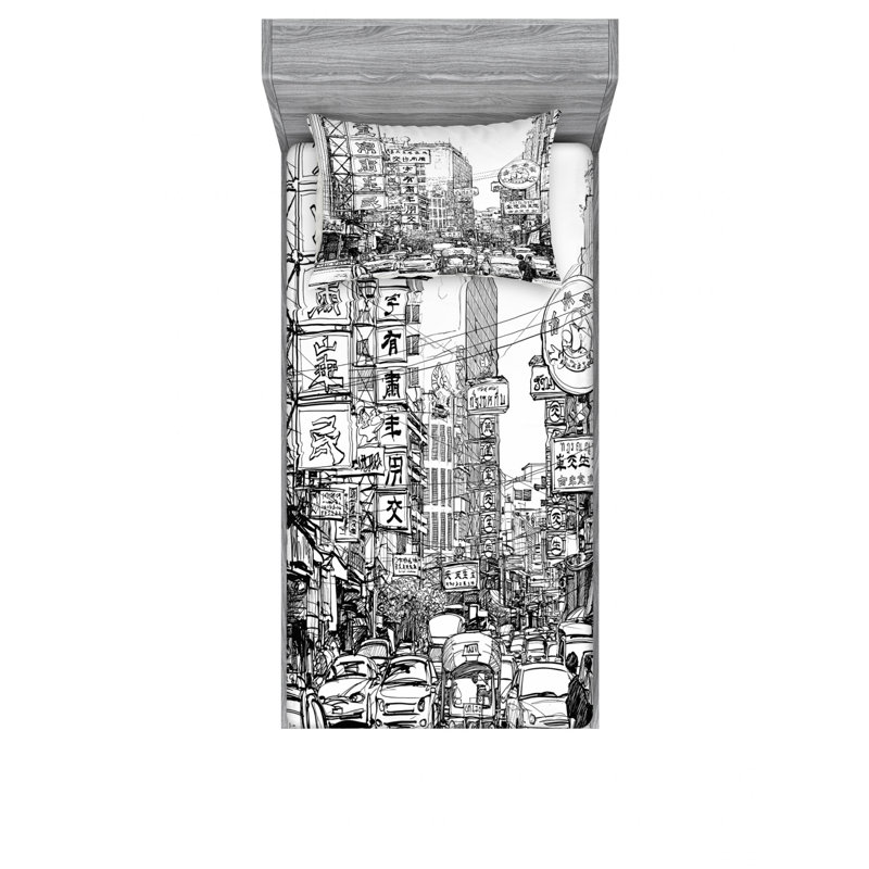 Ensemble de draps Street with Signs in Chinatown, Ensemble de draps pour lit simple avec drap-housse
