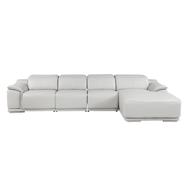 Canapé modulaire en L en cuir véritable 4 pièces faisant face à droite gris clair avec 3 fauteuils inclinables électriques et appuis-tête réglables