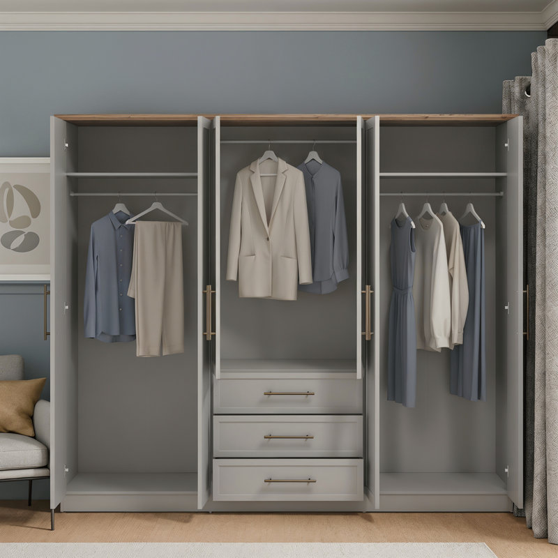 Cleverton 6 Door 3 Drawer Wardrobe with Mirror, Light Grey