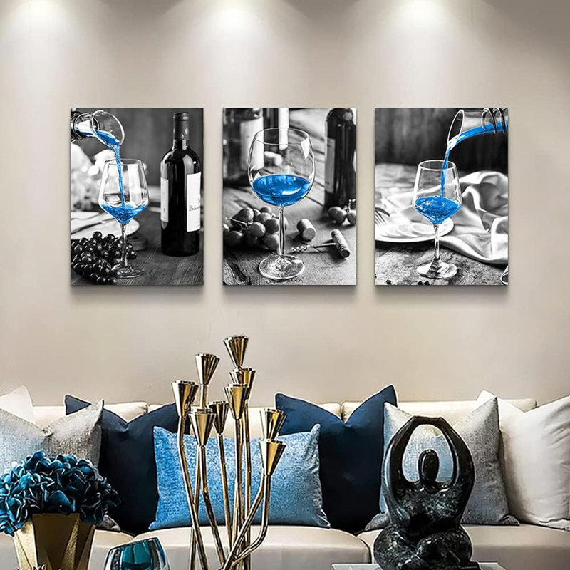 Canvas Wall Art For Kitchen Wall Decor For Dining Room Black And White Wine Glasses Painting Modern Blue Wine Canvas Art Prints Ready To Hang Pictures For Restaurant Home Decorations 12X16 3 Piece