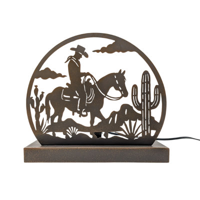 Metal Night Light Cowboy Riding Horse Cactus Desert Silhouette Rustic Western Tabletop Lamp Decor