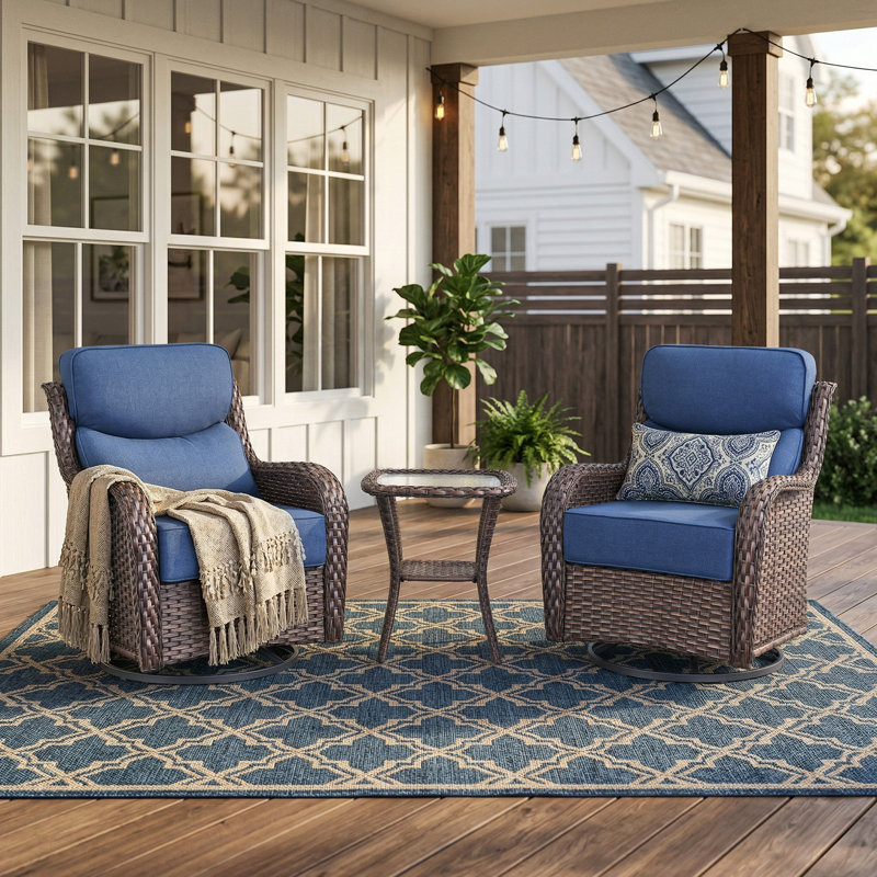 Wickes 3 Piece Patio Set Outdoor Wicker Glider Rocking And Swivel Chairs With Cushions, Blue, Brown
