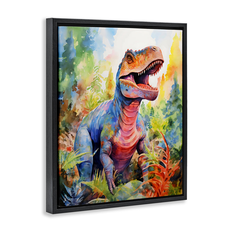 Dinosaure T-Rex coloré dans un cadre flottant dans la jungle, design par Creative Studio, Cadre flottant noir de jais