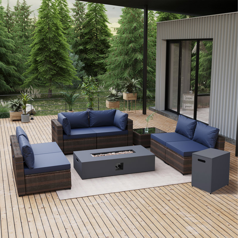 Haseebrahman 6 - Person Seating Group with Fire Pit Table, Coffee Table, Tank Cover, Cushions, Blue