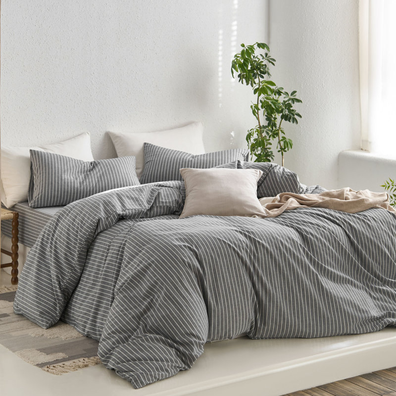 MooMee Striped Duvet Cover Set 100% Washed Cotton Linen Like Textured, Wide Stripes - Dark Gray/White
