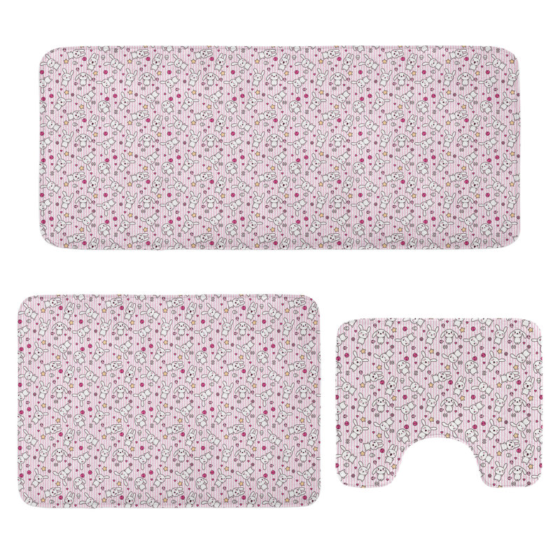  Cartoon Bathroom Rug Set 3 Pieces U-Shape & Rectangle Mats Pale Pink Pink