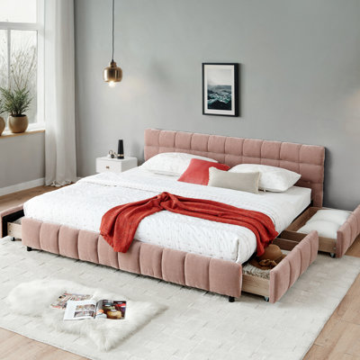 King Size Bed With Pink Headboard, Upholstered In Chenille, And Under - Drawers Modern Chenille Upholstery, Solid Structure, Drawer Storage