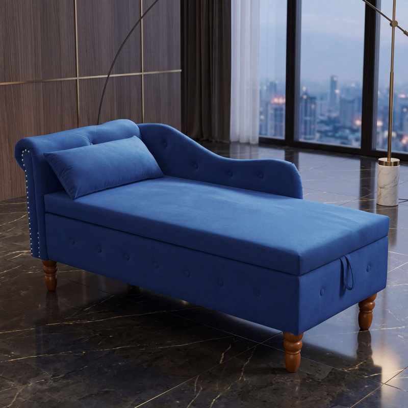 Chaise longue en velours capitonné à boutons avec rangement et garniture cloutée, Navy Blue