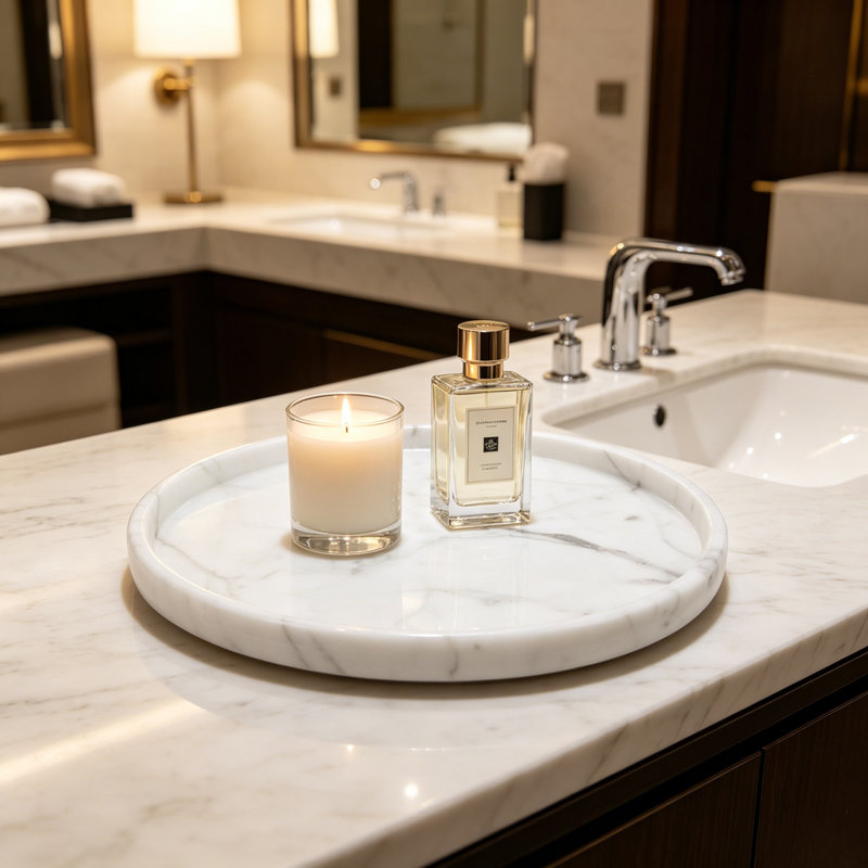 Natural Marble Tray, Polished Stone Vanity Organizer And Decorative Display Tray With Anti-Slip Base For Home Decor