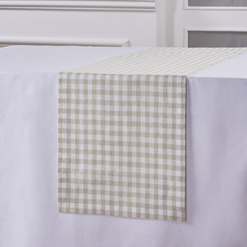 Gingham Checks - 100% Pure Linen Table Runner, Natural, 132" x 14"
