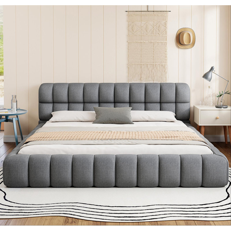 Lit plateforme tapissier très grand avec tissu épais, lit au sol avec structure solide, gris, Gris