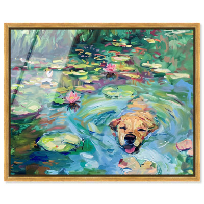 «Lily Pad» encadré de chien en verre acrylique ultrabrillant encadré rustique chic par Art Remedy, cadre doré, 20 x 16