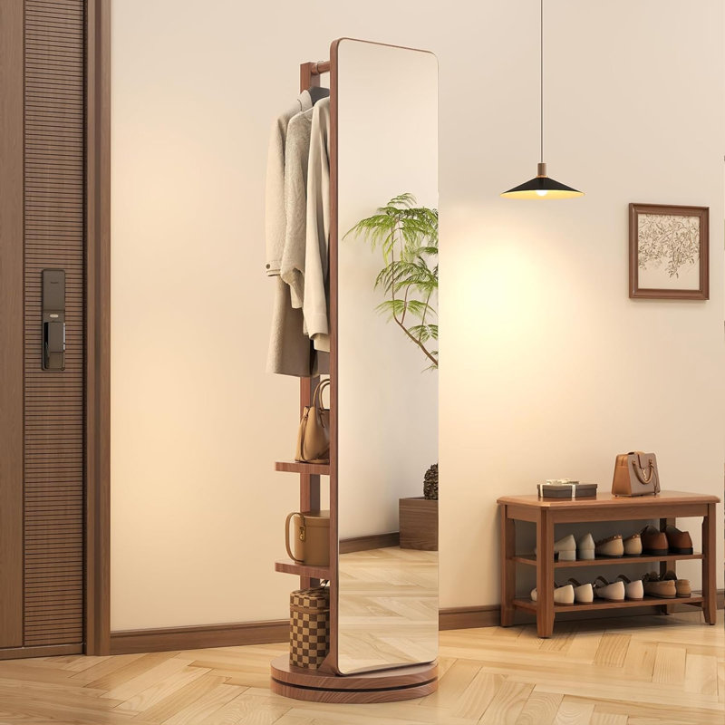360° Rotating Full Length Floor Mirror With Coat Rack, Multifunctional Storage, Solid Rubberwood, Walnut, 69"x14", Walnut