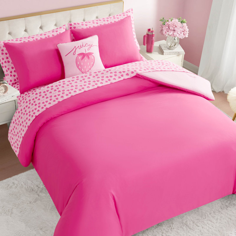 Juicy Couture Summer Strawberries Solid Reversible Comforter Bed-in-a-Bag Set, Queen