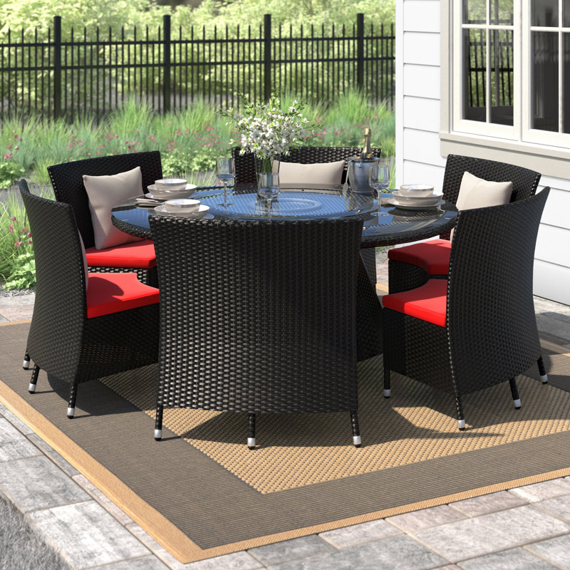 Nightingdale Mid-Century Modern 6 - Person Wicker Patio Dining Set with Round Table in Red and Black, Red