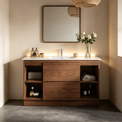 48" Modern Bathroom Vanity with Sink, Glossy Ceramic Table top, 2 Drawers with 4 Cabinets, Brown Wood