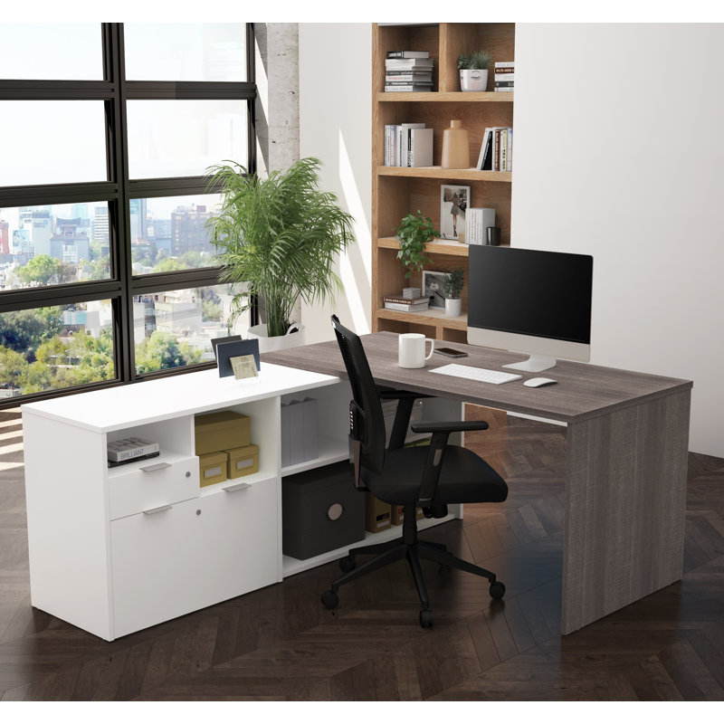 Bureau de direction en L réversible Operle, Gris écorce et blanc