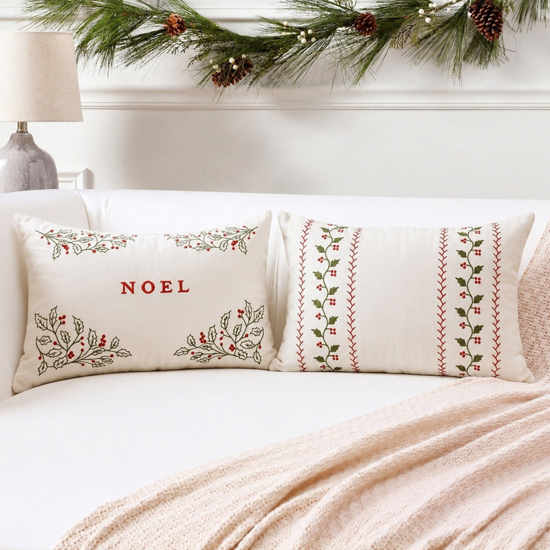 Housse de coussin décorative brodée NOËL Cerise, 51 x 30 cm