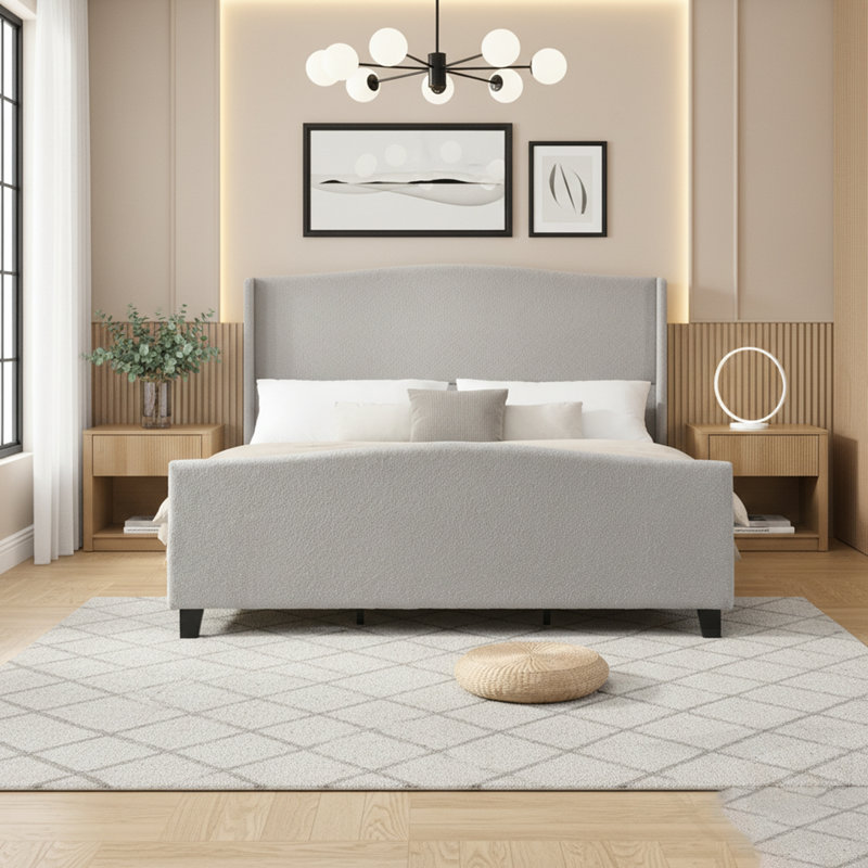 Bed Frame with High Back Upholstered Headboard, King, Gray