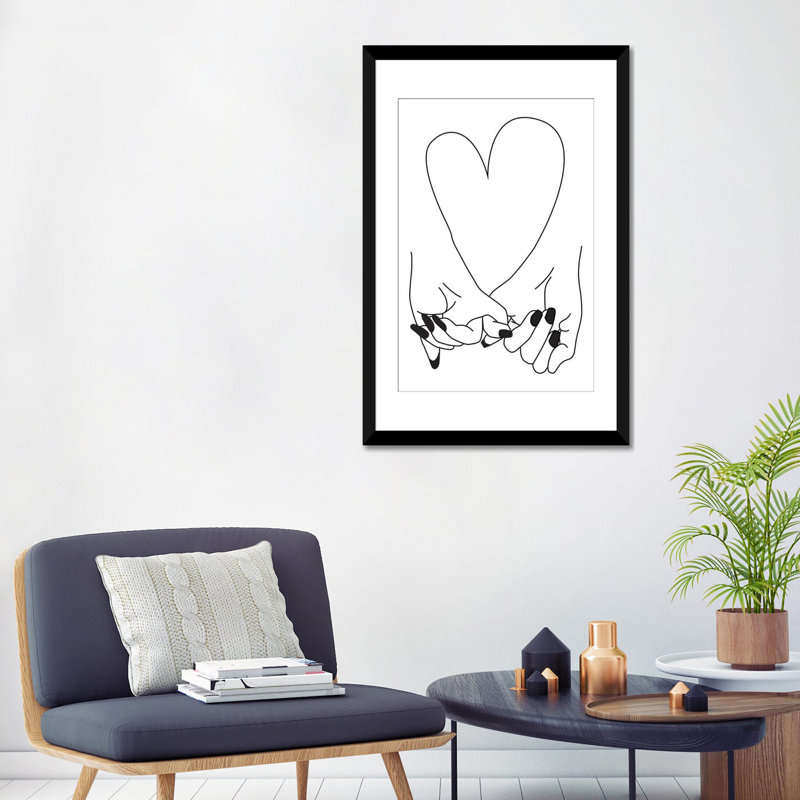 «Pinky Promise, Her & Her», reproduction de dessin sur toile, H 32 po x l 24 po x P 1 po, Papier d'art encadré noir, Blanc