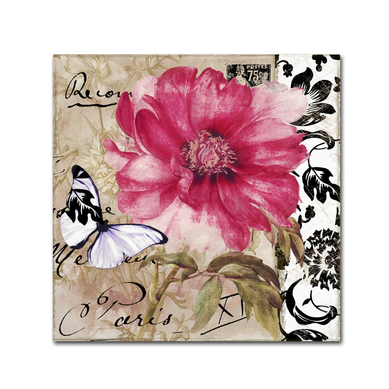 Le Pink Butterfly and Floral Canvas Art in Black, White, and Tan