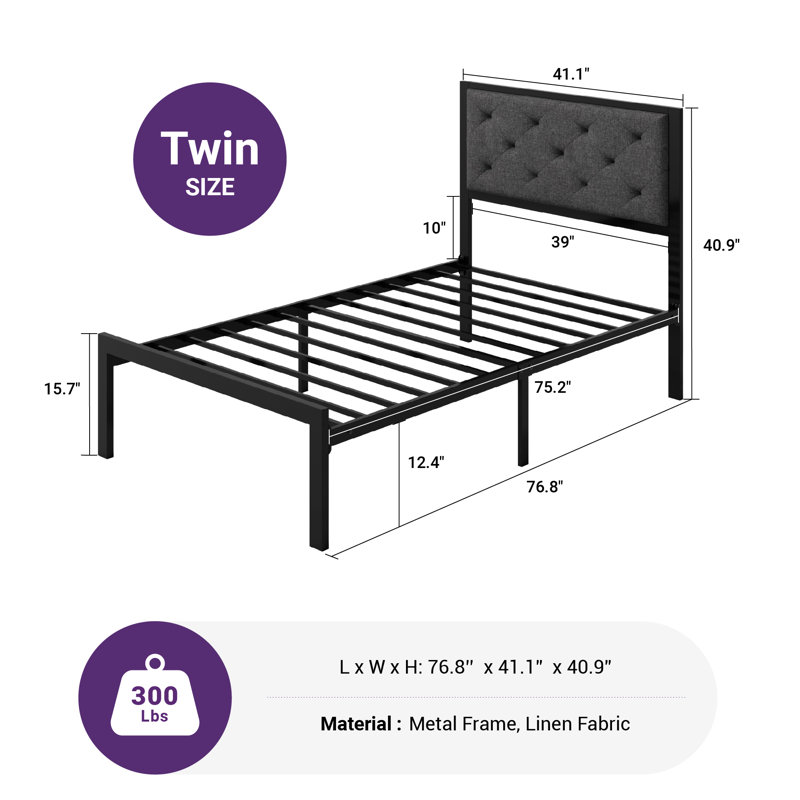 Katri Upholstered Metal Platform Bed, Twin, Dark Gray