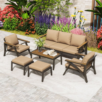 Ensemble de conversation pour l'extérieur 6 pièces avec table basse, canapé 3 places, 2 fauteuils, 2 repose-pieds et coussins amovibles