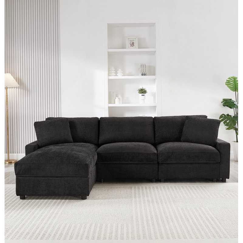 Canapé modulaire modulaire avec 4 espaces de rangement, canapé en tissu de polyester en forme de L pour le salon, canapé 3 places avec repose-pieds Cloud Comfort