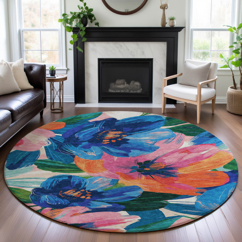 Premium Machine Washable Northdale AMF1487 Floral Rug, Round 8'