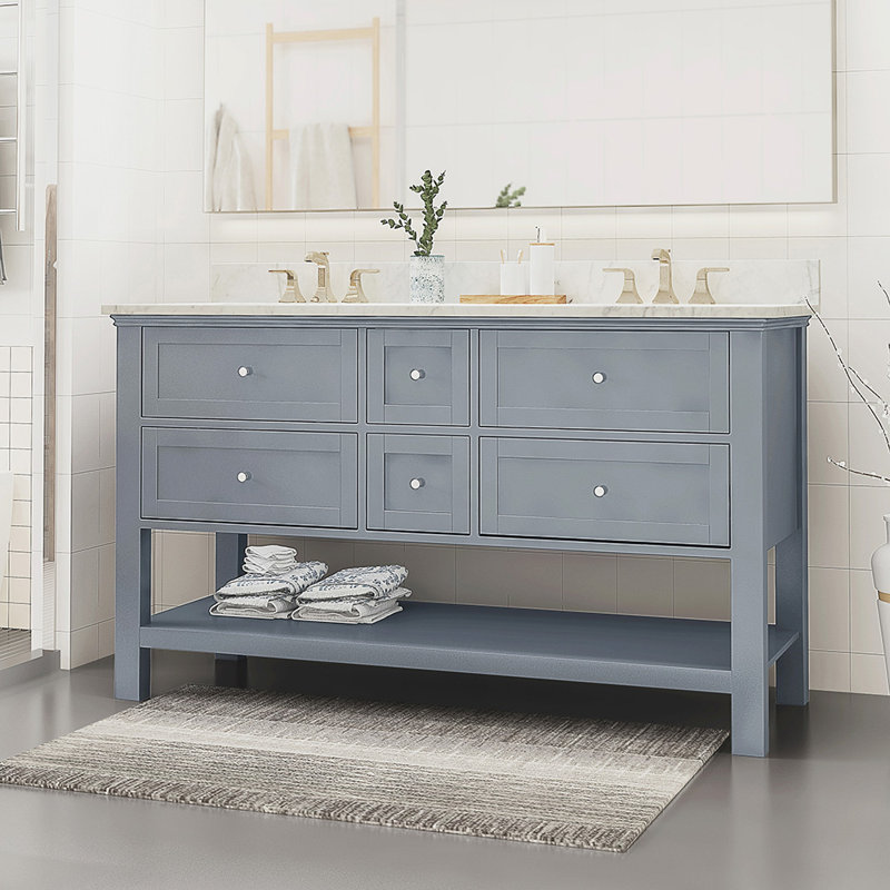 Meuble-lavabo de salle de bain avec comptoir en marbre et double lavabo en céramique, Gris