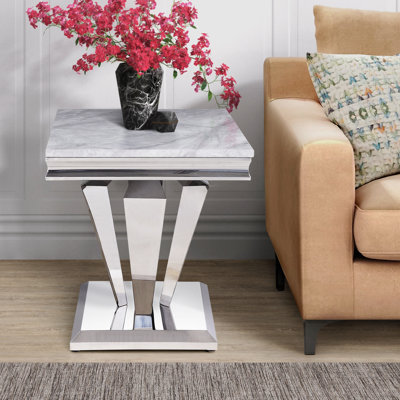Table de bout Collins en faux marbre gris et argent miroir