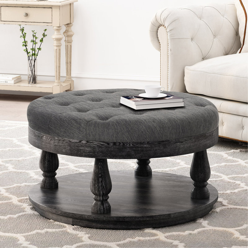 Tissu élégant avec boutons et surpiqûres gaufrées, couleur gris anthracite, base en bois de pin, ornement rond et touffeté chic 40 po x 20 po, 19,71 po