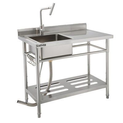 Freestanding Stainless Steel Utility Sink - Premium Large Capacity Laundry Sink with Hot & Cold Pull-Out Faucet, Storage Shelf & Drain Kit for Garage, Kitchen, Backyard & Commercial Use, Stainless Ste