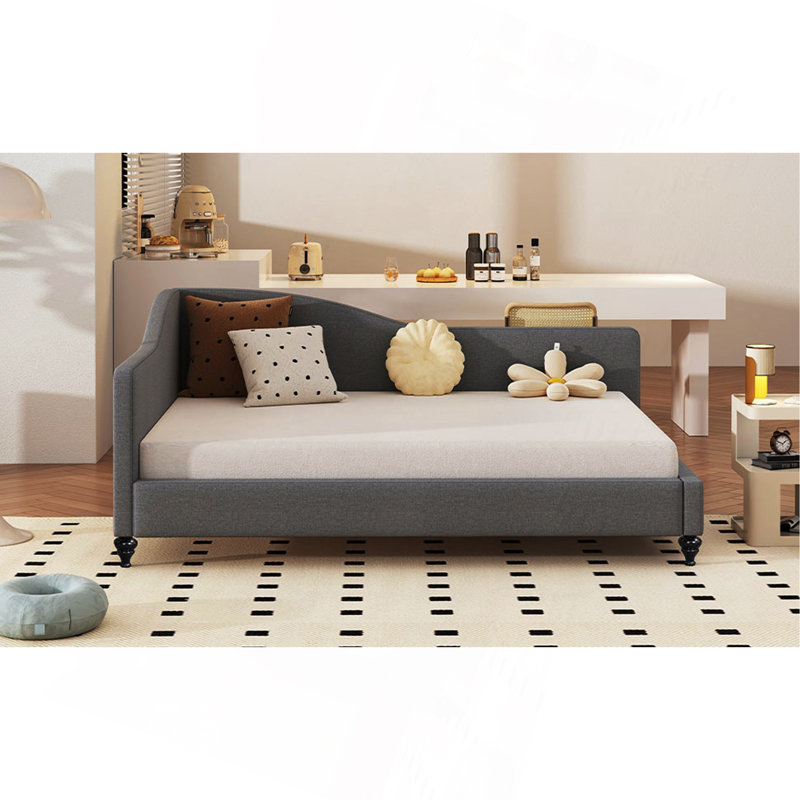 Lit de jour en L en forme de L, avec pieds en bois massif, Grey, Lit double