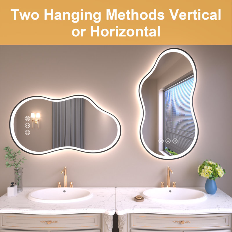Irregular Aluminum Framed Anti-Fog 3-Colors Dimmable LED Light Wall Bathroom Vanity Mirror with Memory, 24" x 36", Black